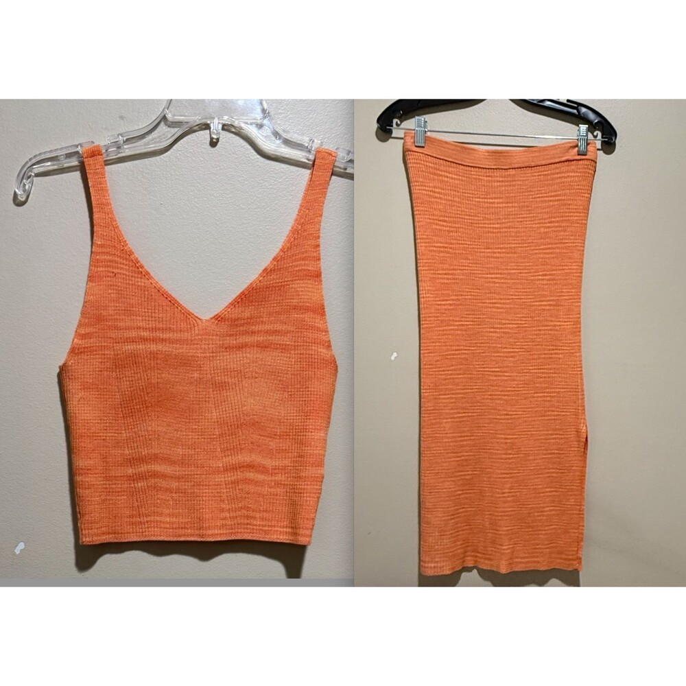 House of Harlow 1960 Knit Skirt Set Orange Ribbed Crop Top Midi Bodycon Womens